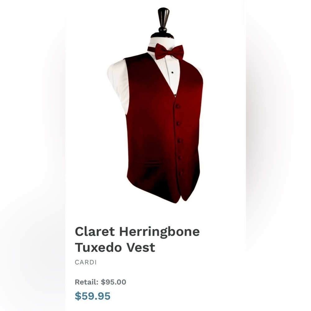Claret Dark Blood Red Herringbone Closed Back Vest Wedding Prom Men’s 2XL Tall - Picture 4 of 5